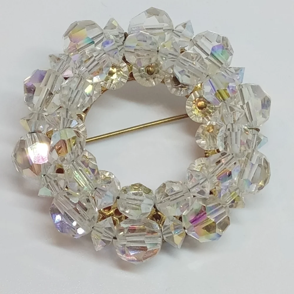 * vintage AB glass crystal bead circle cluster gold tone pin brooch